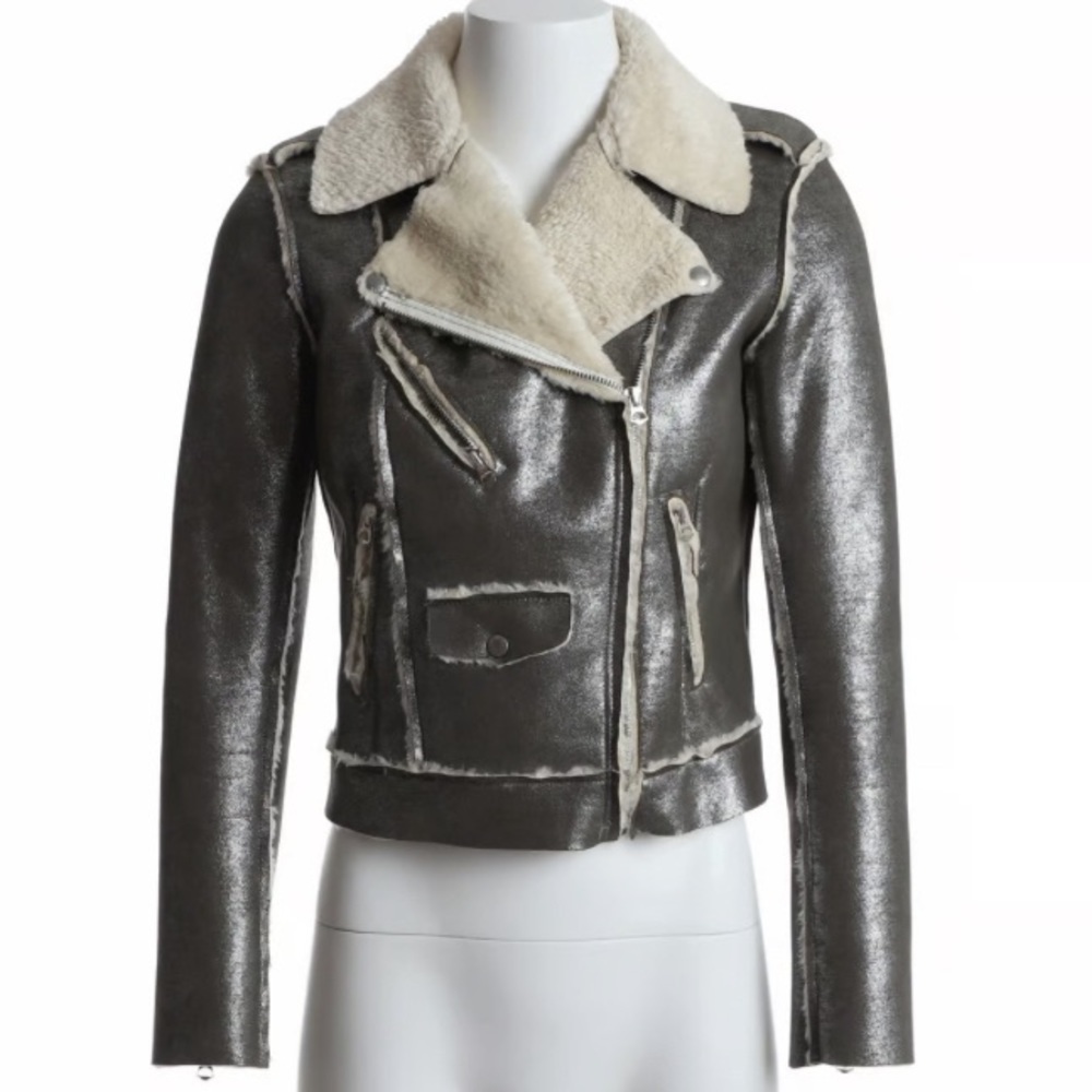 DENIM & SUPPLY Sz M Metallic Sherpa Lined Moto Style Zipper Snap Closure Jacket